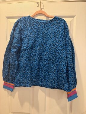 Addison Bay Blue Floral Crewneck Top with Black Accents